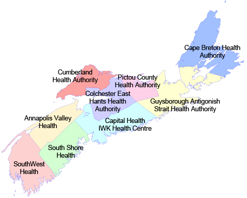 Map of Nova Scotia District Health Authorities