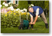 Man rolling out sprinkler hose in backyard
